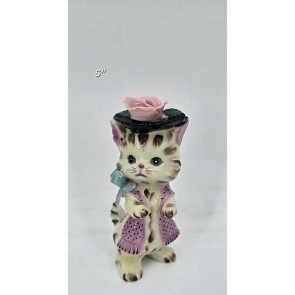 Vintage Napco Style Ceramic Kitten Figurine – Pink Rose Hat – 5” - Picture 1 of 6
